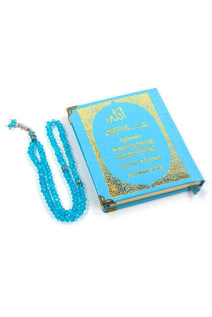 Name Printed Harded Yasin Book - Bag Boy - 128 Pages - Crystal Rosary - Blue Color - Mevlit Gift - 2