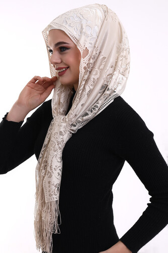 Narin Cotton Tulle Shawl Dark Cream-2 60x160 - 2