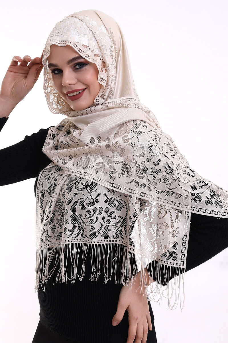 Narin Cotton Tulle Shawl Dark Cream-2 60x160 - 4