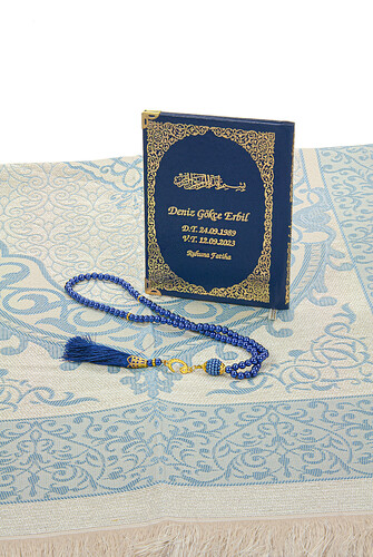 Navy Blue 50 Pieces Name Printed Leather Bound Bag Size Yasin Book Prayer Mat Set Mevlit Gift - 4