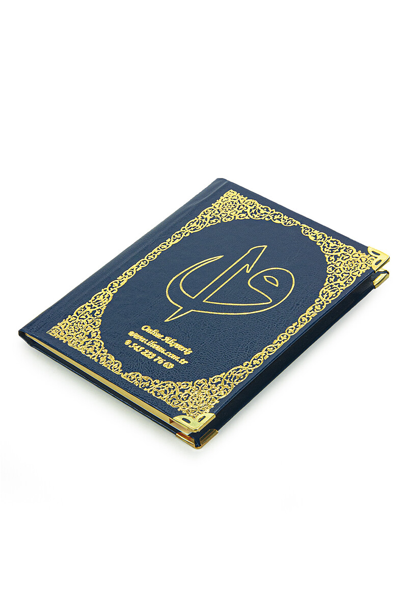 Navy Blue 50 Pieces Name Printed Leather Bound Bag Size Yasin Book Prayer Mat Set Mevlit Gift - 6