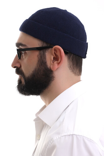 Navy Blue Folded Simple Pattern Winter Orlon Skullcap Hat - 3