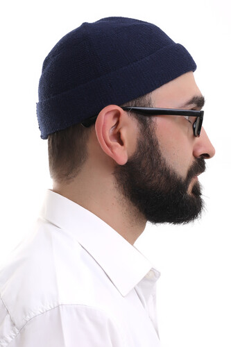 Navy Blue Folded Simple Pattern Winter Orlon Skullcap Hat - 4