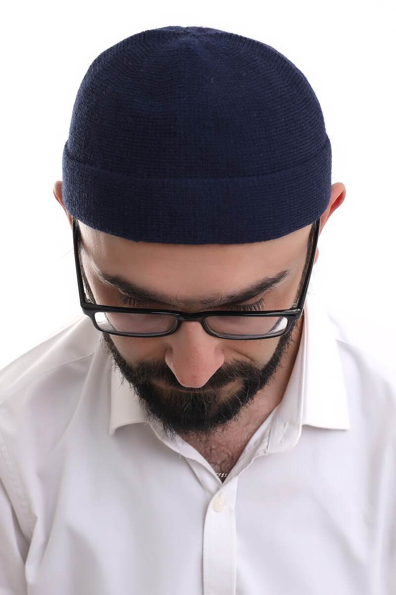 Navy Blue Folded Simple Pattern Winter Orlon Skullcap Hat - 5