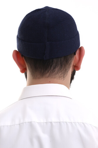 Navy Blue Folded Simple Pattern Winter Orlon Skullcap Hat - 6