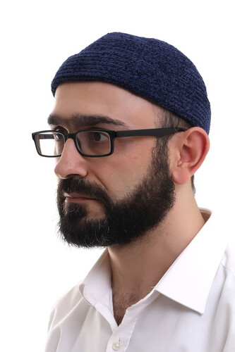 Navy Blue Folded Simple Pattern Winter Velvet Skullcap Hat - 1