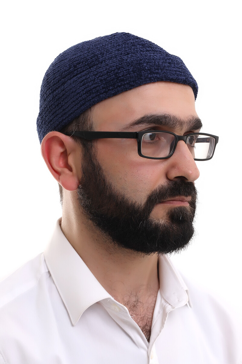 Navy Blue Folded Simple Pattern Winter Velvet Skullcap Hat - 2