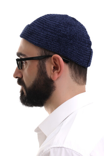 Navy Blue Folded Simple Pattern Winter Velvet Skullcap Hat - 3