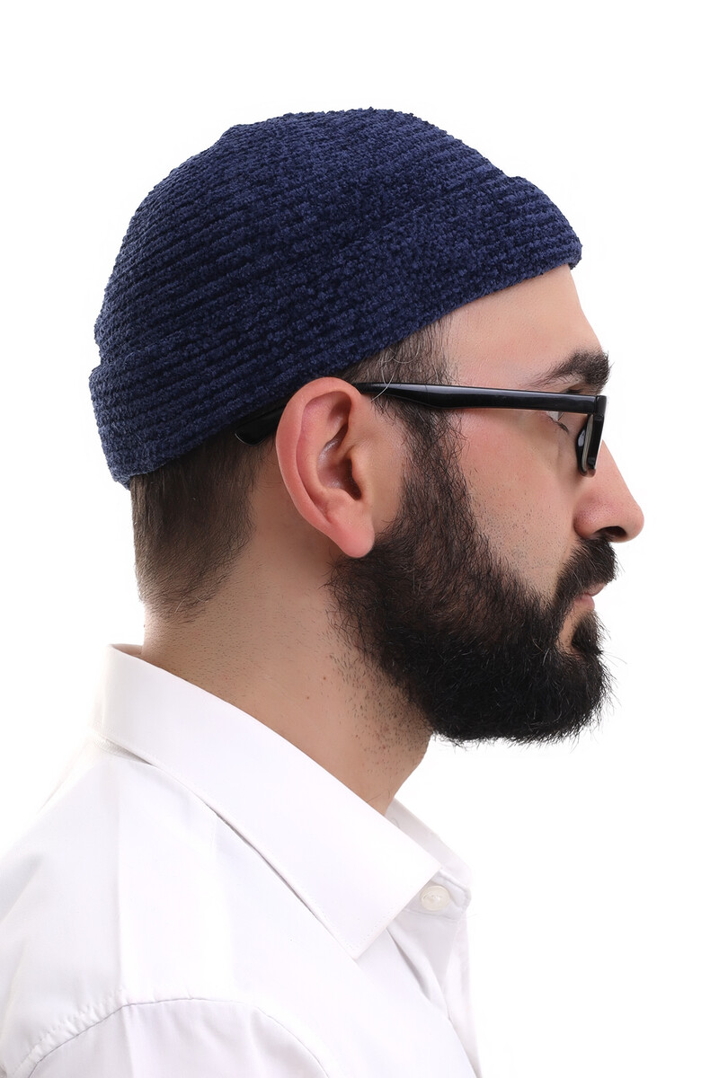 Navy Blue Folded Simple Pattern Winter Velvet Skullcap Hat - 4