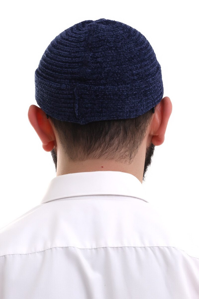 Navy Blue Folded Simple Pattern Winter Velvet Skullcap Hat - 6