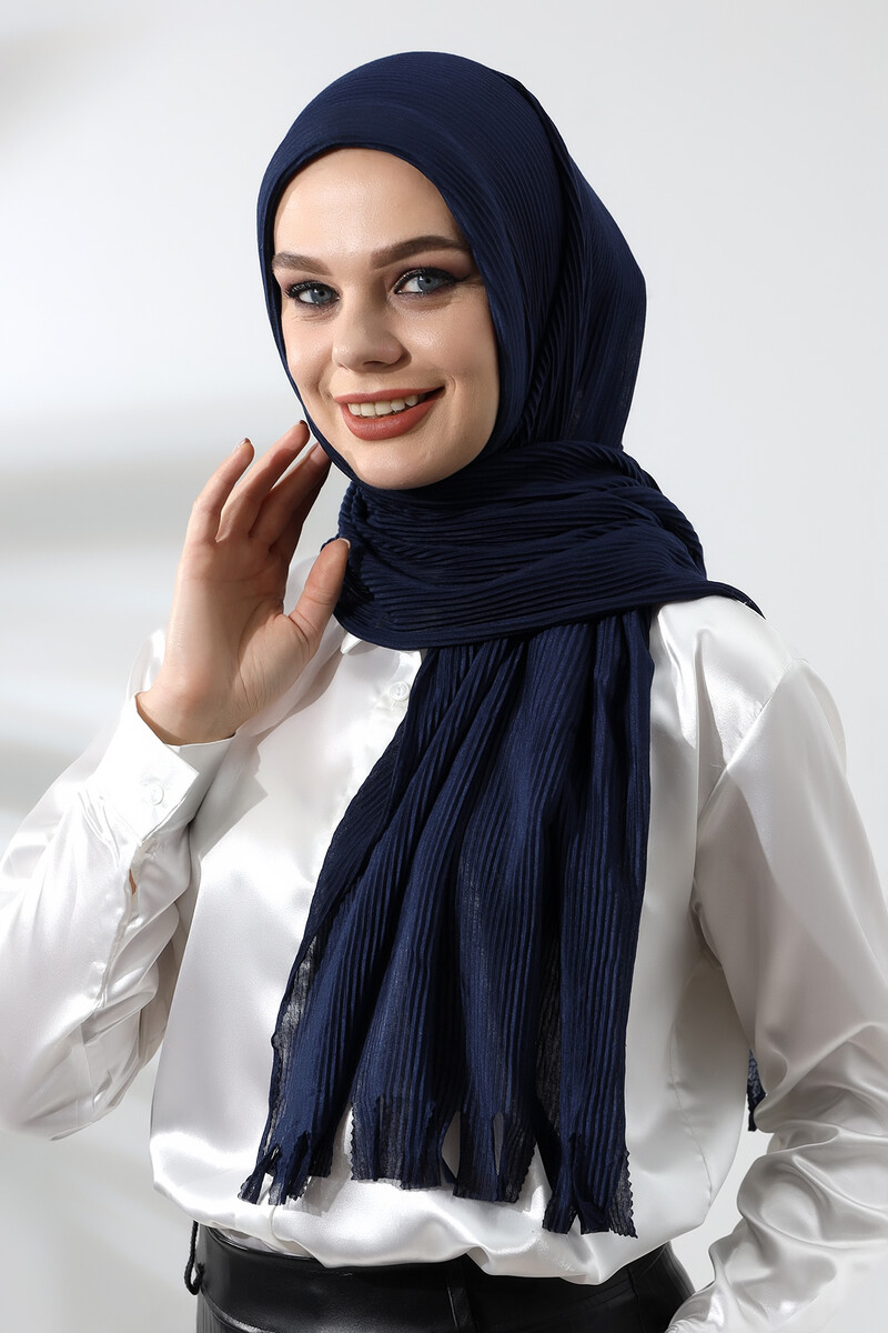 Navy Blue Hijab Ready Made Practical Corded Cotton Shawl - 1