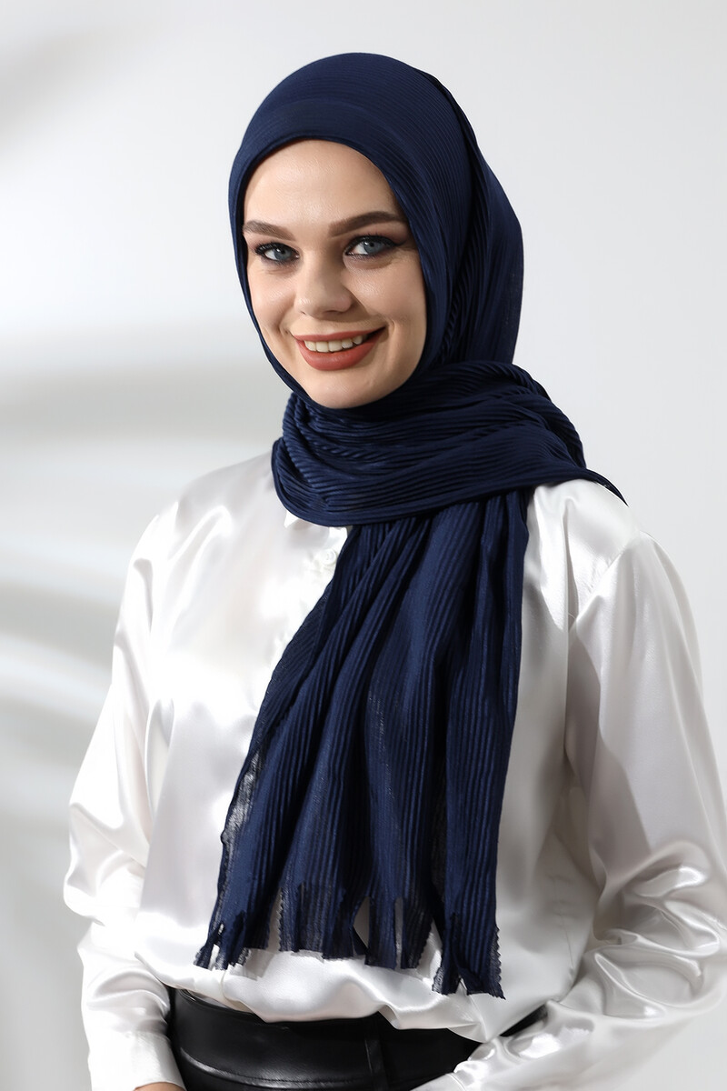 Navy Blue Hijab Ready Made Practical Corded Cotton Shawl - 2