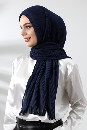 Navy Blue Hijab Ready Made Practical Corded Cotton Shawl - 3