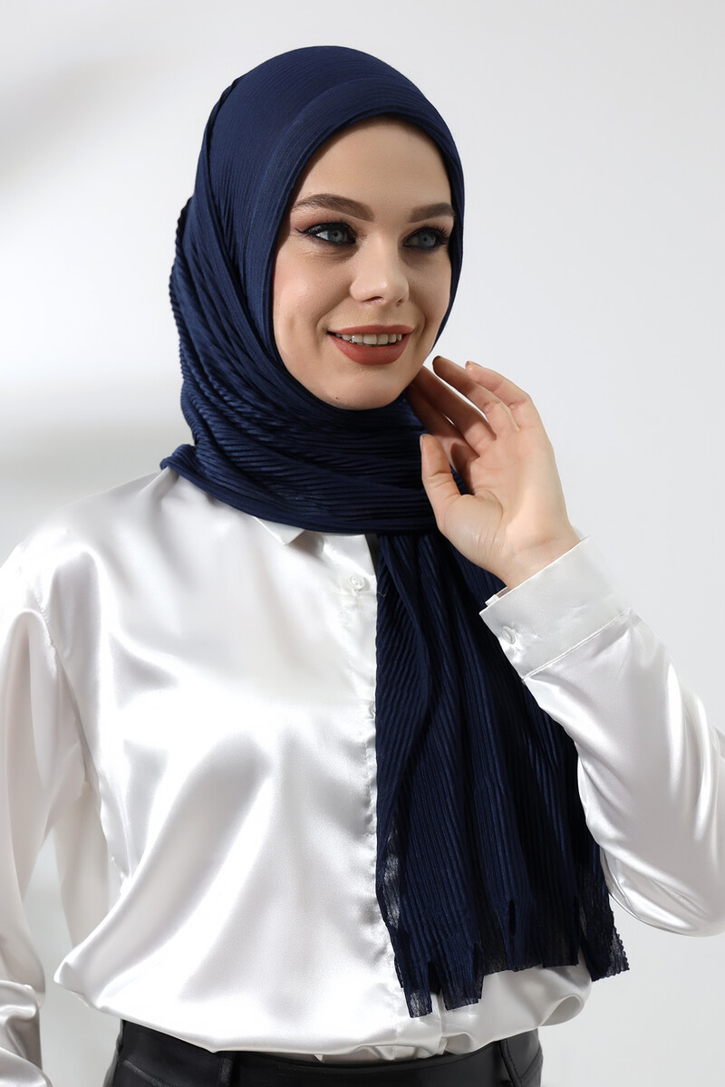 Navy Blue Hijab Ready Made Practical Corded Cotton Shawl - 4