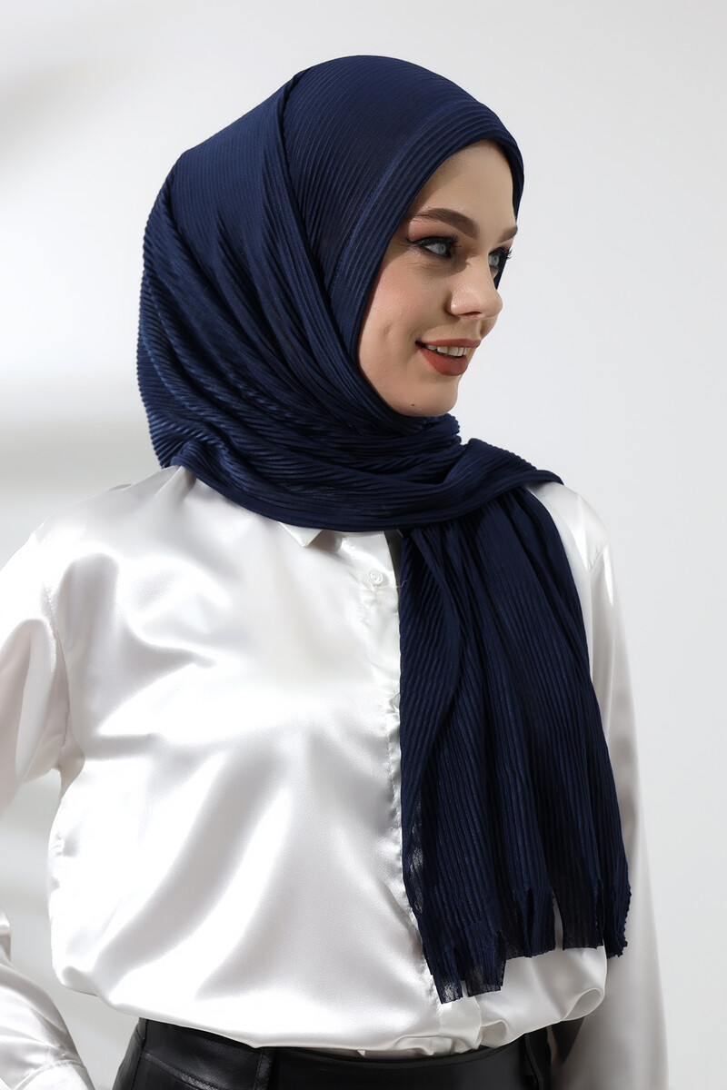 Navy Blue Hijab Ready Made Practical Corded Cotton Shawl - 5