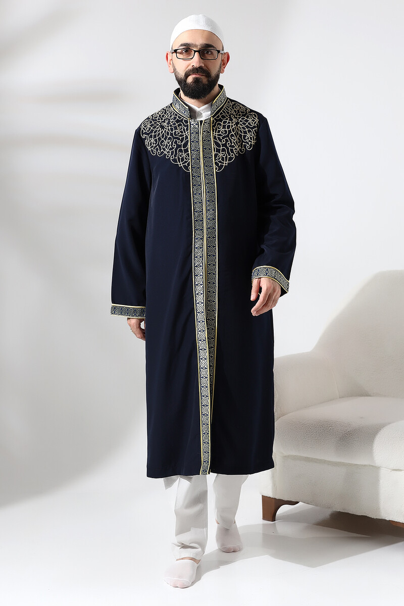 Navy Blue Judge Collar Men's Prayer Robe Stripe Embroidery Imam Robe - 1