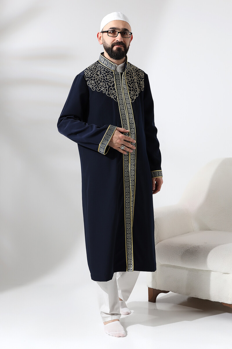 Navy Blue Judge Collar Men's Prayer Robe Stripe Embroidery Imam Robe - 2