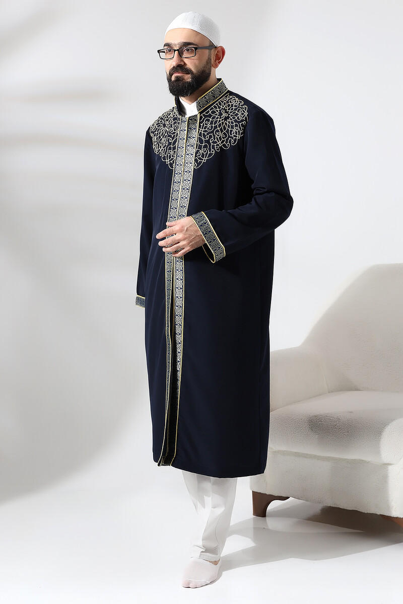 Navy Blue Judge Collar Men's Prayer Robe Stripe Embroidery Imam Robe - 3