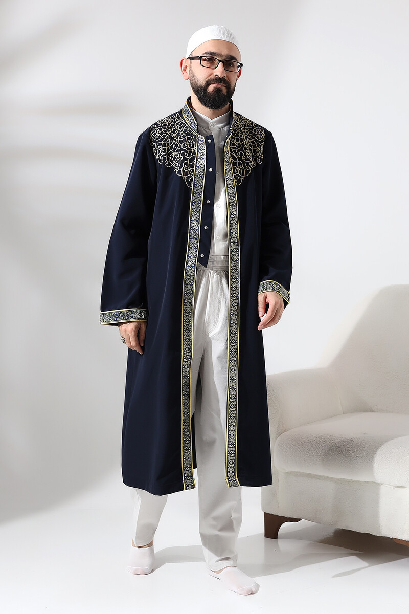 Navy Blue Judge Collar Men's Prayer Robe Stripe Embroidery Imam Robe - 5