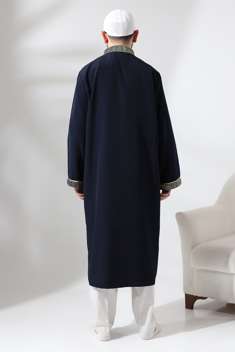 Navy Blue Judge Collar Men's Prayer Robe Stripe Embroidery Imam Robe - 6