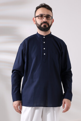 Navy Blue Men's Comfortable Cut 3-Button Judge Collar Hajj and Umrah Linen Shirt - 1