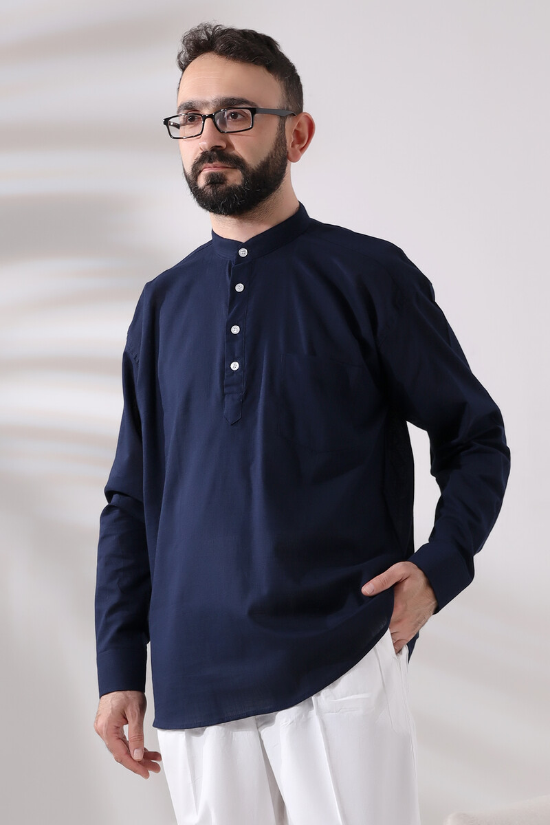 Navy Blue Men's Comfortable Cut 3-Button Judge Collar Hajj and Umrah Linen Shirt - 2