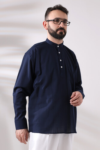 Navy Blue Men's Comfortable Cut 3-Button Judge Collar Hajj and Umrah Linen Shirt - 3