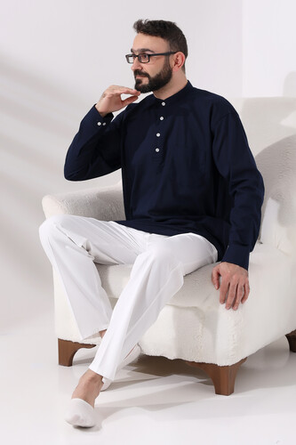 Navy Blue Men's Comfortable Cut 3-Button Judge Collar Hajj and Umrah Linen Shirt - 6