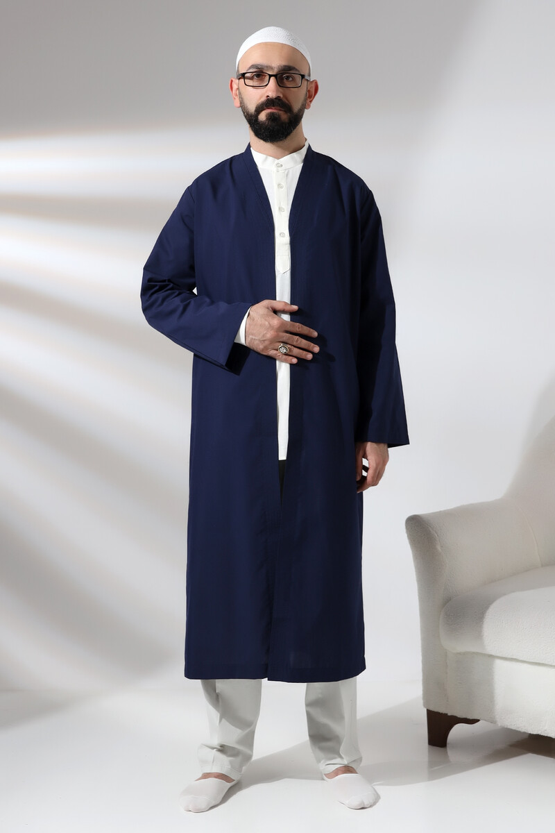 Navy Blue Men's Prayer Robe V-Neck Buttonless Open Front Prayer Robe - 1