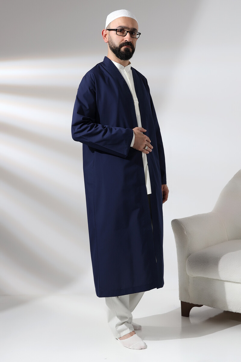 Navy Blue Men's Prayer Robe V-Neck Buttonless Open Front Prayer Robe - 2