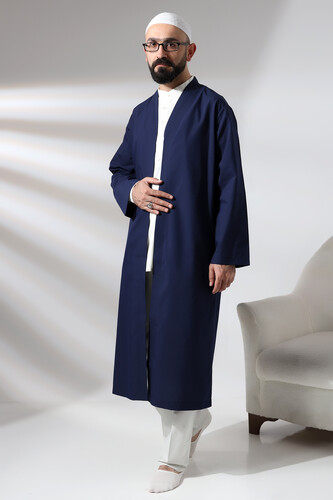 Navy Blue Men's Prayer Robe V-Neck Buttonless Open Front Prayer Robe - 4