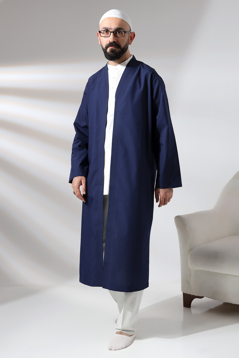 Navy Blue Men's Prayer Robe V-Neck Buttonless Open Front Prayer Robe - 5