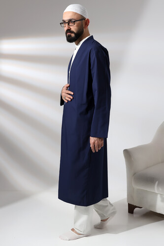 Navy Blue Men's Prayer Robe V-Neck Buttonless Open Front Prayer Robe - 7