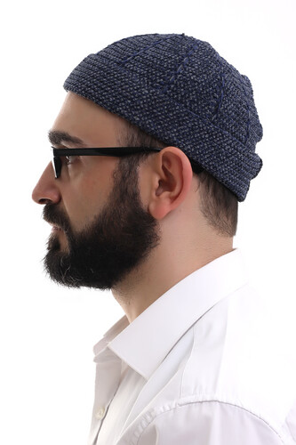 Navy Blue Smoked Folded Double Color Winter Velvet Skullcap - 3