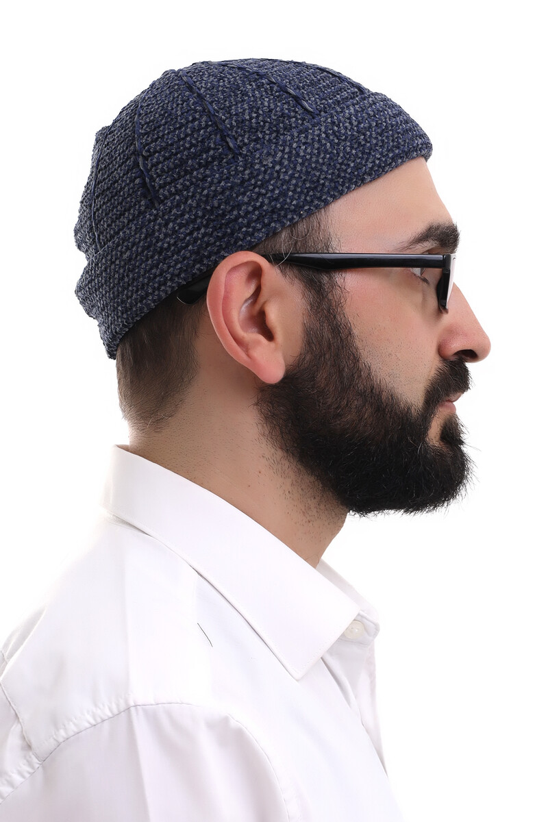 Navy Blue Smoked Folded Double Color Winter Velvet Skullcap - 4