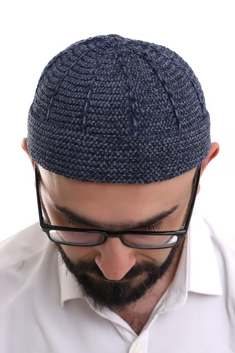 Navy Blue Smoked Folded Double Color Winter Velvet Skullcap - 5