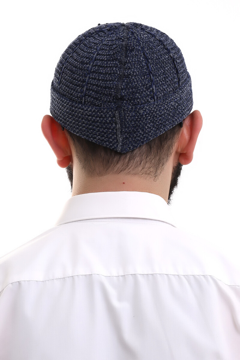 Navy Blue Smoked Folded Double Color Winter Velvet Skullcap - 6