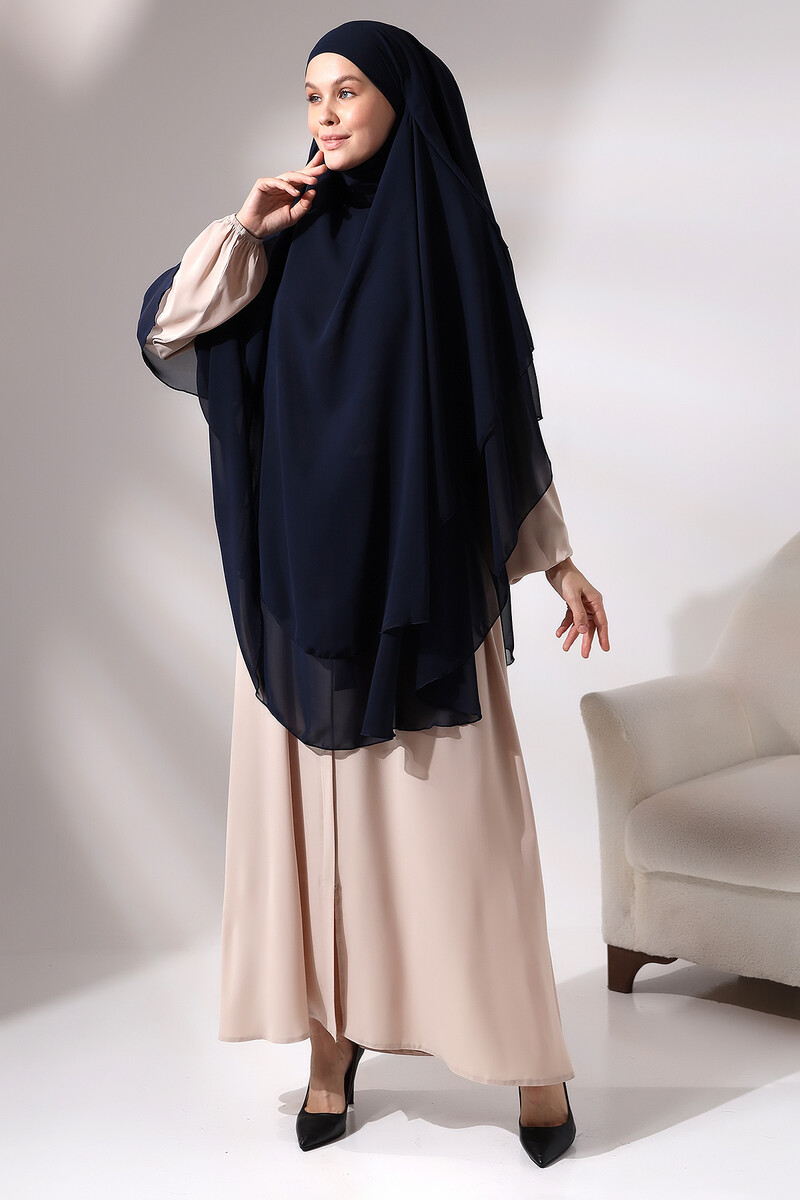 Navy Blue Three Layer Veiled Long Chiffon Hijab Soufflé Scarf - 1