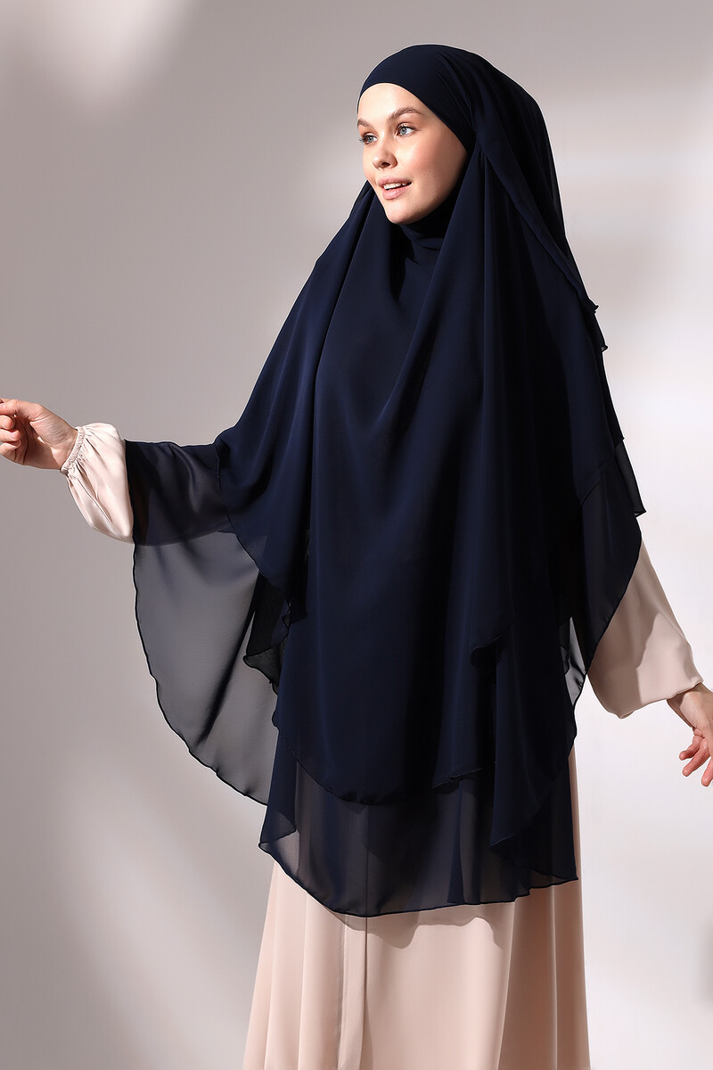 Navy Blue Three Layer Veiled Long Chiffon Hijab Soufflé Scarf - 2