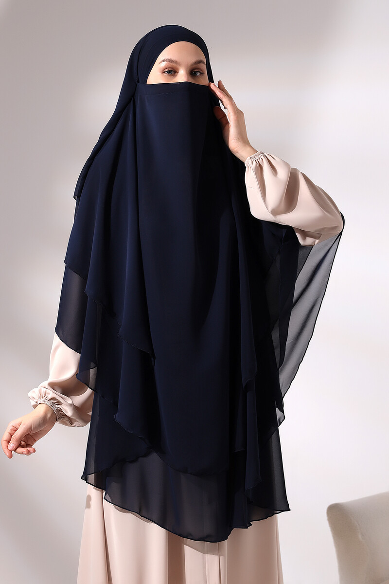 Navy Blue Three Layer Veiled Long Chiffon Hijab Soufflé Scarf - 3