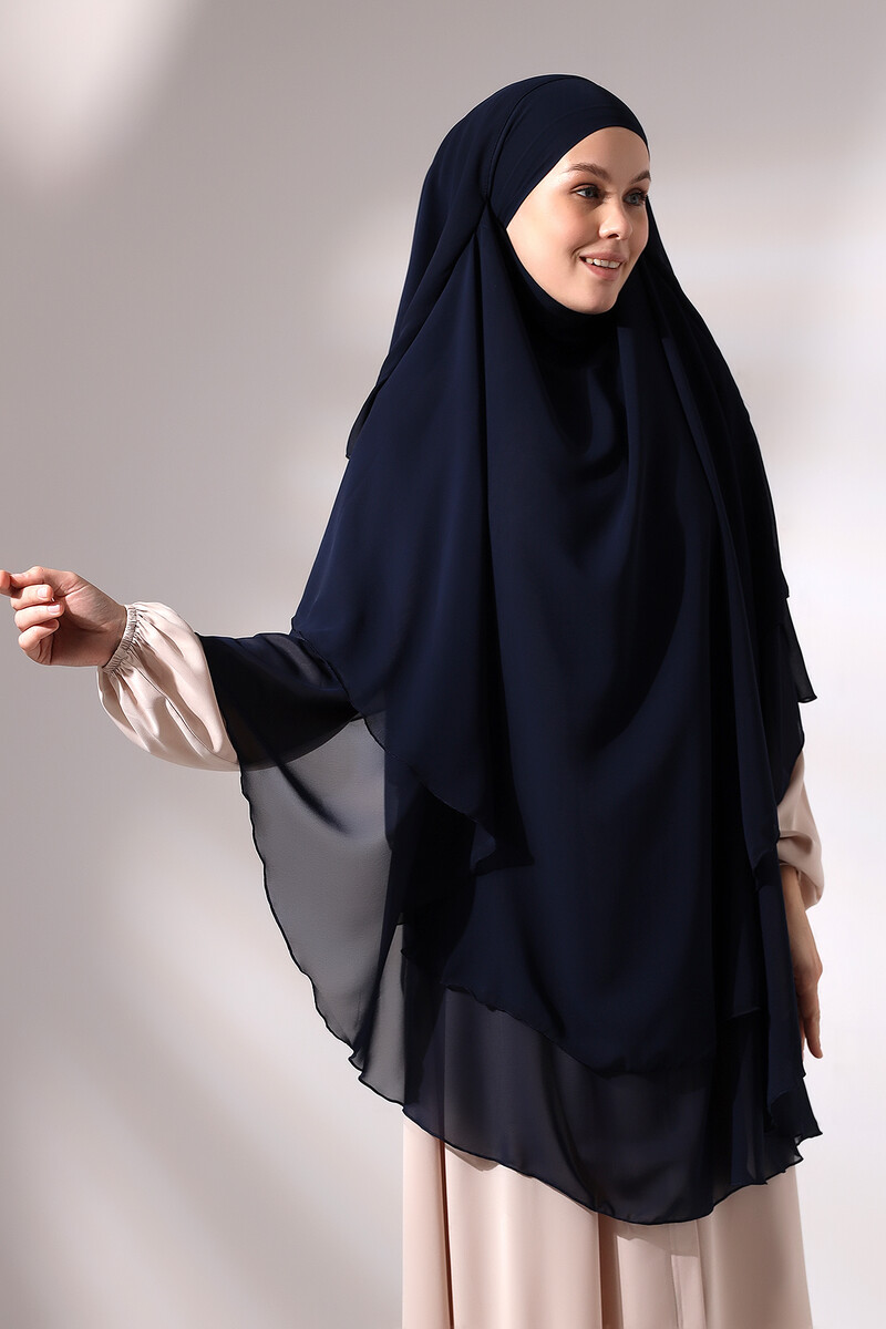 Navy Blue Three Layer Veiled Long Chiffon Hijab Soufflé Scarf - 4