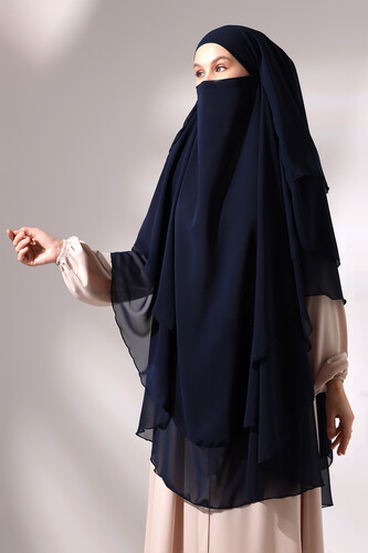 Navy Blue Three Layer Veiled Long Chiffon Hijab Soufflé Scarf - 5