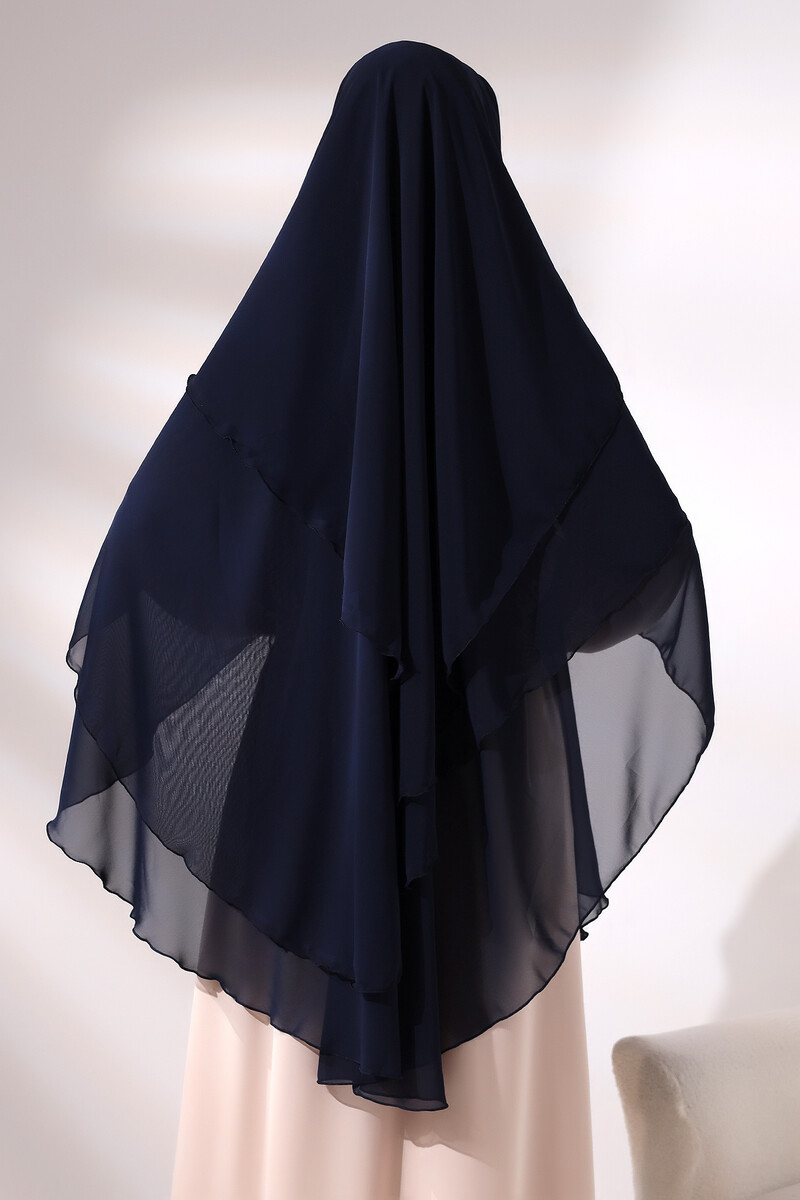 Navy Blue Three Layer Veiled Long Chiffon Hijab Soufflé Scarf - 6