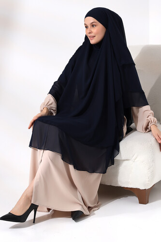 Navy Blue Three Layer Veiled Long Chiffon Hijab Soufflé Scarf - 7