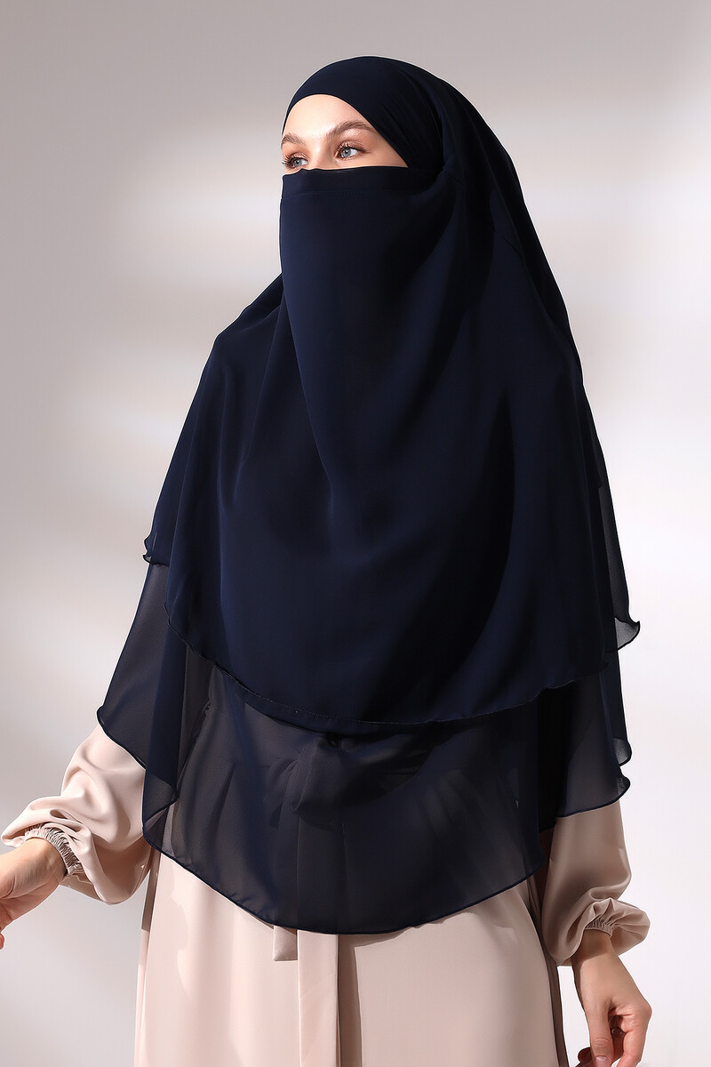 Navy Blue Three Layer Veiled Short Chiffon Hijab Soufflé Scarf - 2