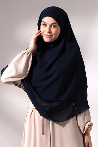 Navy Blue Three Layer Veiled Short Chiffon Hijab Soufflé Scarf - 3