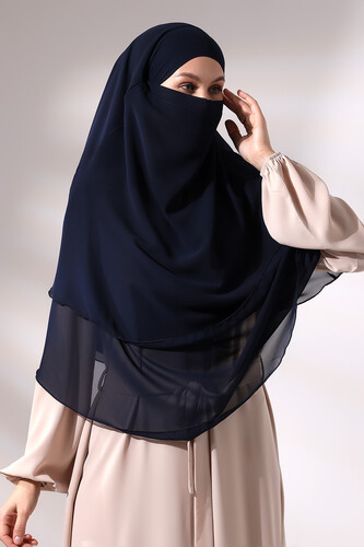 Navy Blue Three Layer Veiled Short Chiffon Hijab Soufflé Scarf - 4