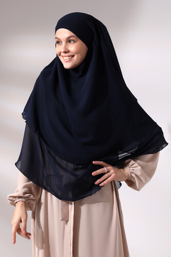 Navy Blue Three Layer Veiled Short Chiffon Hijab Soufflé Scarf - 5