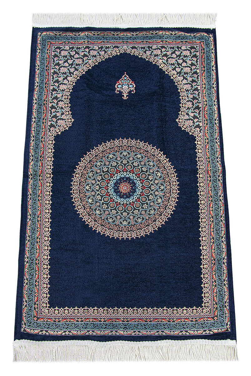 Navy Blue Traditional Motif Knitted Fringed Mihrab Lined Chenille Prayer Rug - 1