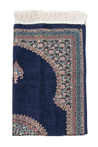 Navy Blue Traditional Motif Knitted Fringed Mihrab Lined Chenille Prayer Rug - 3